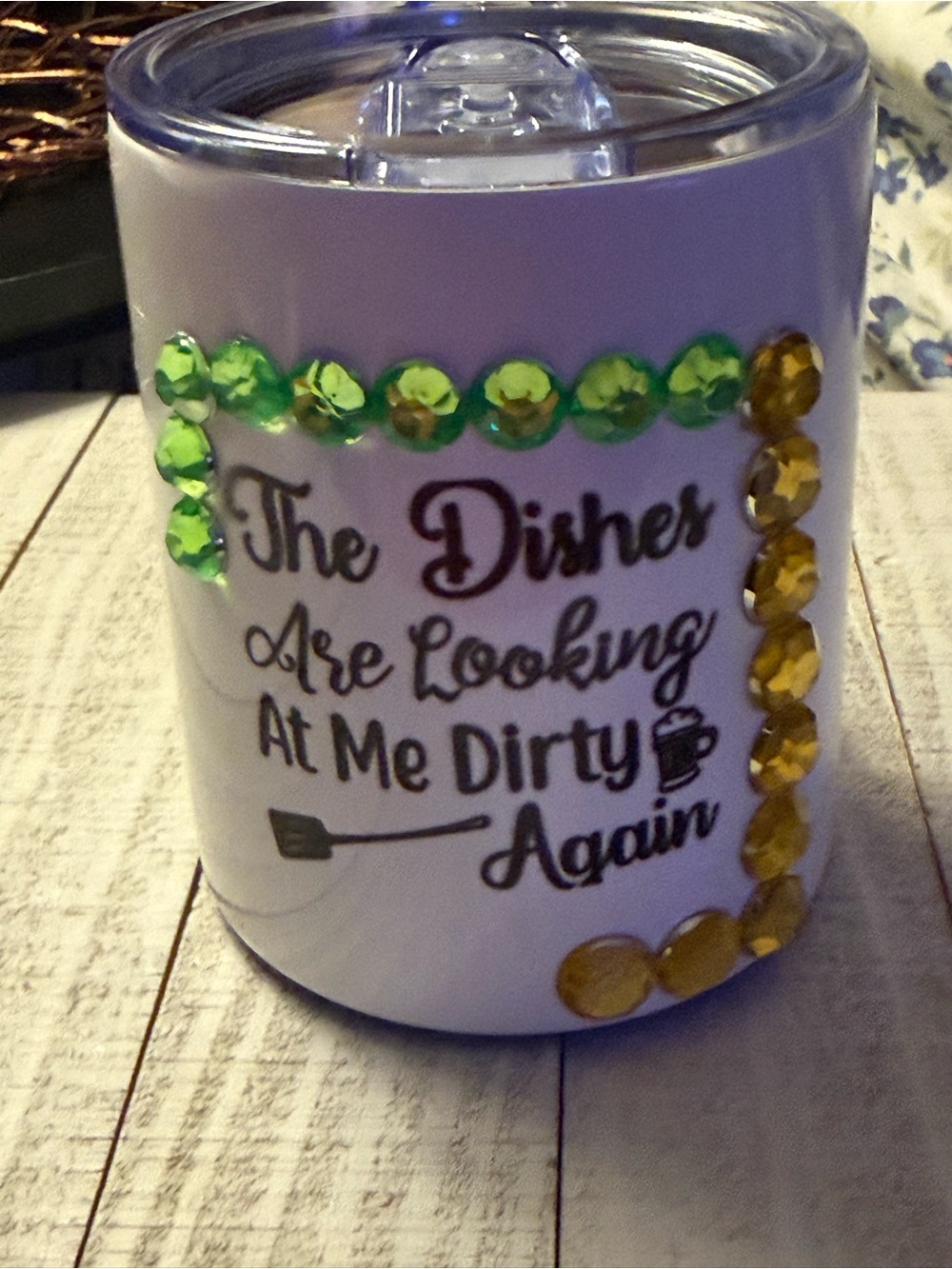 White Rhinestone Accent Tumbler with Green and Gold Gems
